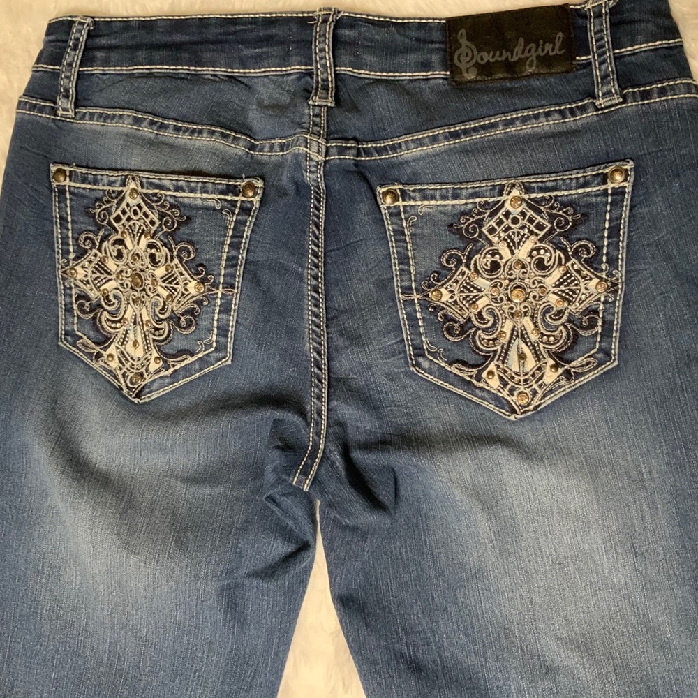 SOUNDGIRL BLING EMBELLISHED POCKET JEANS DENIM EUC
